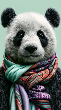 Cute Giant Panda Wearing a Colorful Patterned Scarf on a Plain Background