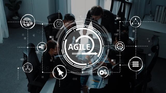A diverse team collaborates in a modern office space, embracing the agile project management methodology with digital tools. Ideal for business themes. Raster