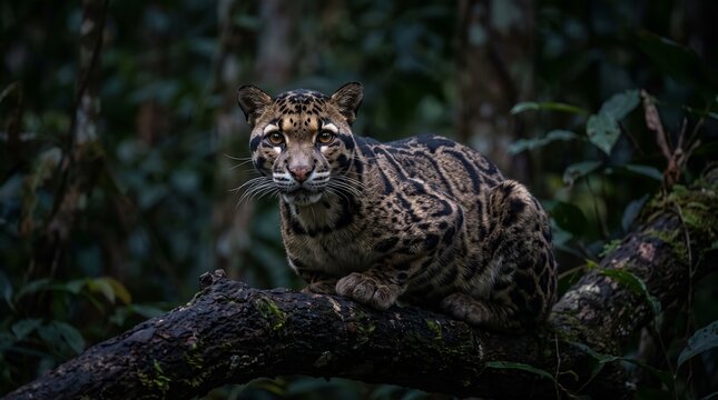 wild clouded leopard inside forest resting on tree branch