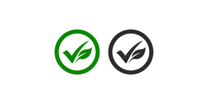 Check mark icons with green and black leaf elements for ecological compliance and organic product certification.