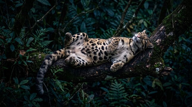 clouded leopard sleeping on tree branch