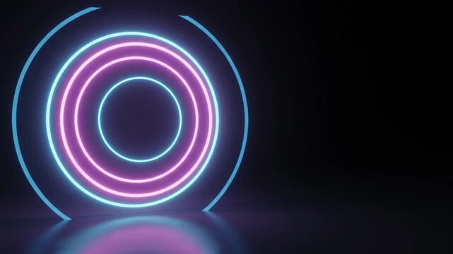 Glowing neon pink and blue circular rings in a dark futuristic space