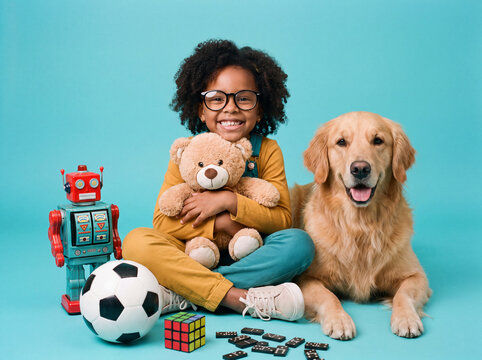 Creative young child playing with cardboard toy and pretending to live an adventure