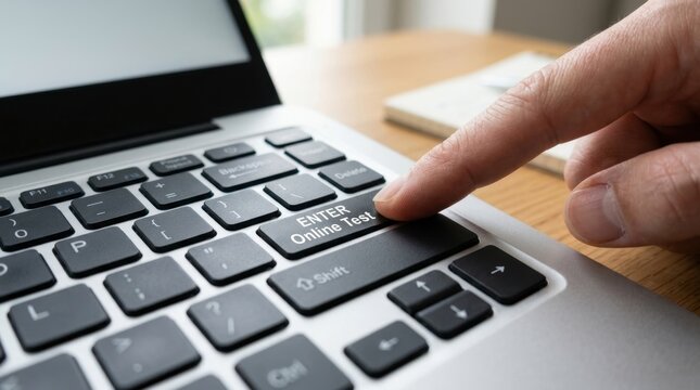 Finger presses the enter online test button on a modern silver laptop keyboard.