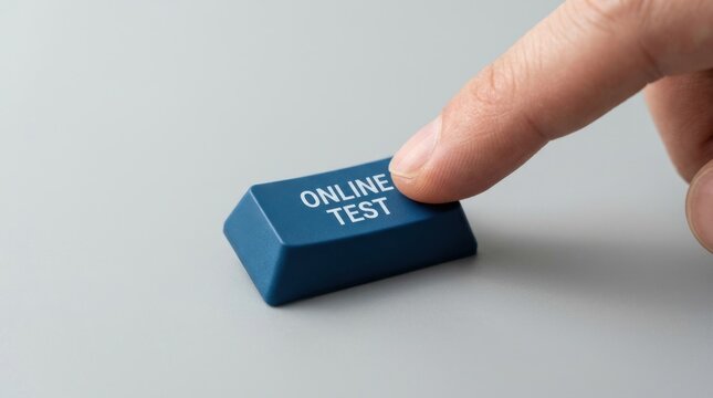 Finger presses a blue online test key on a minimalist grey background.