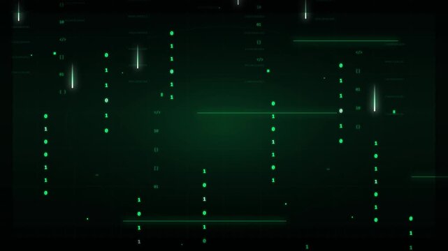 Digital binary code rain falling with glowing green numbers on a dark technological background