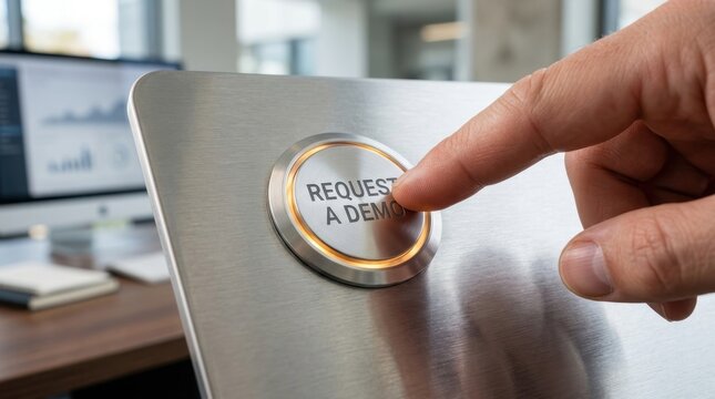 Finger pushes a glowing request a demo push button on a modern metallic panel in an office.