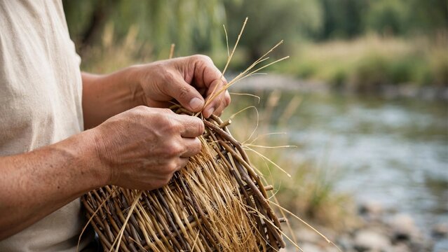 An Indigenous artisan crafts a basket from grass, representing the continuation of tribal traditions and heritage