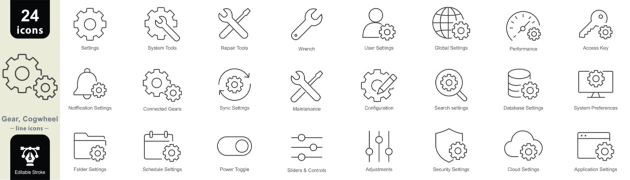 Gear and cogwheel web icon set including settings, tools, security, controls, system, cloud, database, and configuration symbols editable stroke