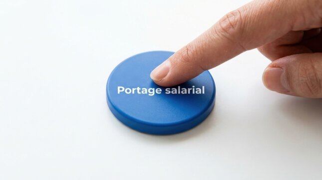 Finger pressing a round blue button with the French text Portage salarial on a clean white surface.