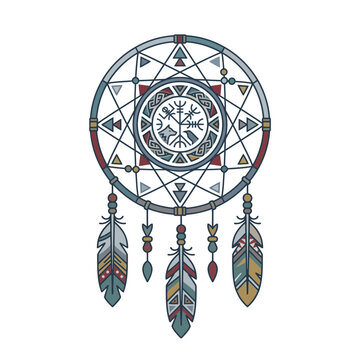 Geometric Dreamcatcher Vector with Tribal Patterns and Hanging Feathers