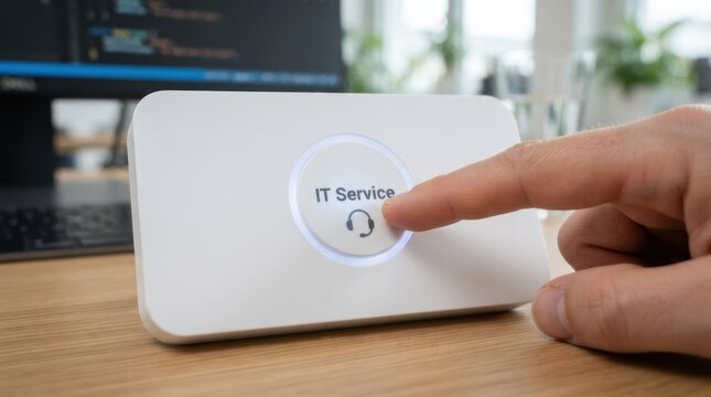 Finger pressing a glowing white button labeled 'IT Service' with a headset icon on a desktop device in a modern office.