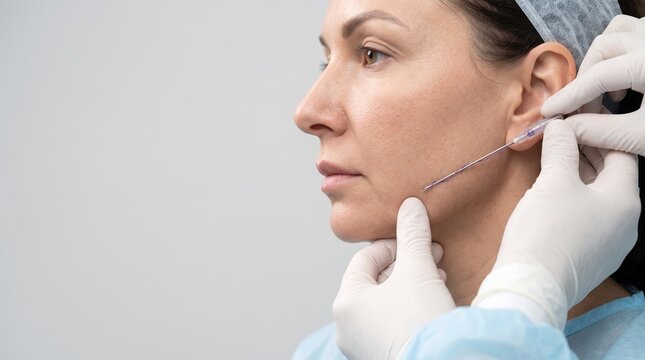 Doctor Performing PDO Thread Lift Procedure on Mature Woman Cheek