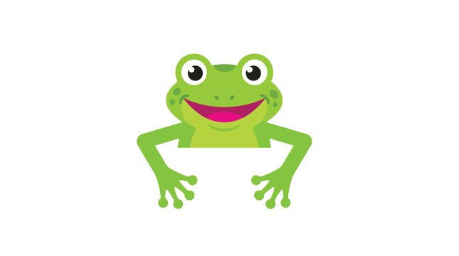 Cute green frog vector graphic illustration smiling happily while holding a blank white banner