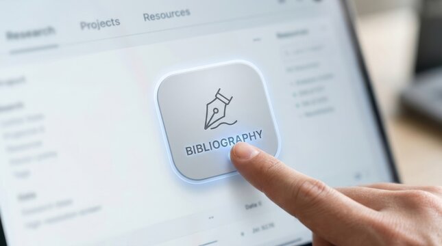 Finger touching a digital square icon with a pen illustration and the word bibliography on a screen.