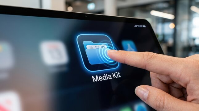 Finger of a person touching a glowing blue folder icon labeled Media Kit on a digital screen.