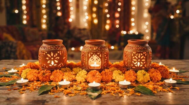 Traditional Clay Diya Lanterns and Marigold Flowers for Indian Festival Celebration