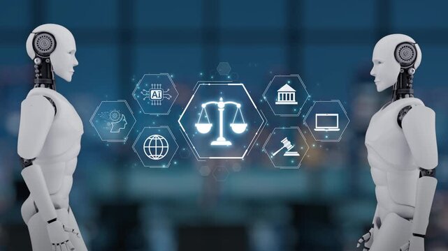 Humanoid robots engage in a discussion about law and ethics, surrounded by digital icons. This futuristic scene explores the intersection of technology and legal systems. Synapse