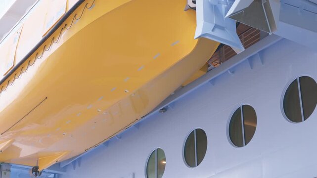 Large Yellow Lifeboat Mounted on Side Hull of Cruise Ship