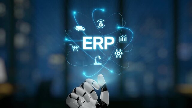 A robotic hand reaches for a glowing ERP concept in a modern office, symbolizing the intersection of technology and business efficiency in the digital age. Synapse