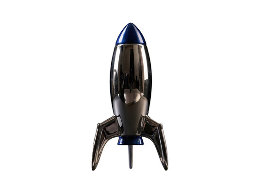 Shiny silver metal toy rocket ship with a blue nose cone and three landing legs standing upright isolated on a transparent background