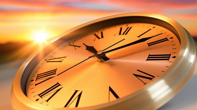 A closeup of a golden clock face with roman numerals against a sunset sky.