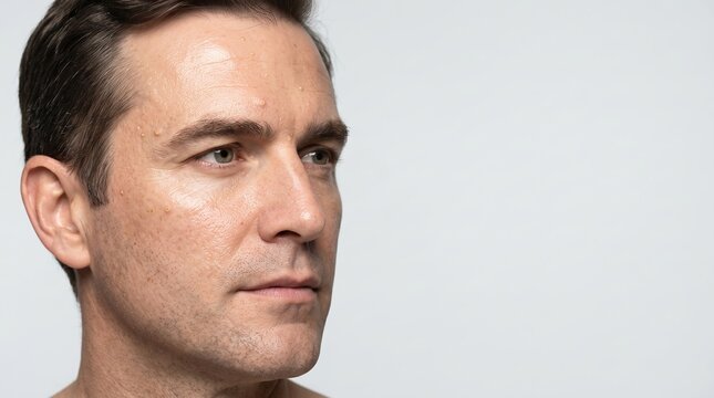 Profile view of mature man showing sebaceous hyperplasia and skin tags on forehead and cheek