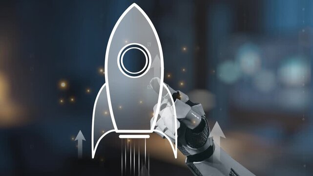 showcases a futuristic rocket launch concept depicted by a robotic hand, symbolizing innovation and technological advancement in a digital environment. Salient