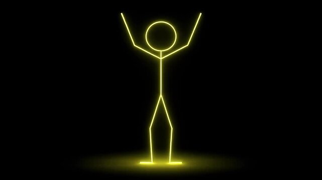Yellow neon glowing stickman doing jumping jacks exercise animation loop