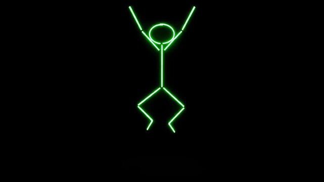 Glowing green neon stick figure performing jumping jacks exercise animation