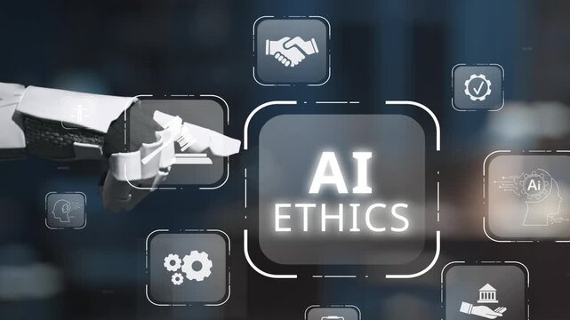 Visual concept highlighting AI ethics with a robotic hand and various icons, emphasizing the importance of responsibility, transparency, and human-centered values in technology. Salient