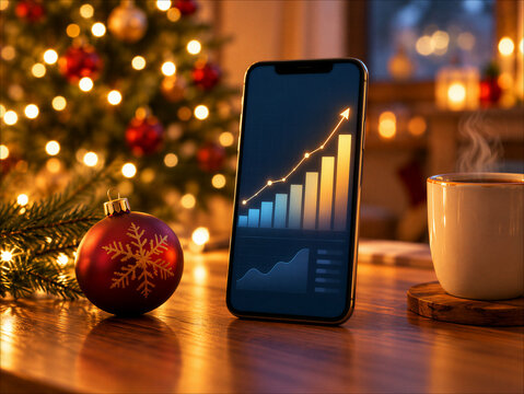 Mobile Cloud and Business Growth Chart beside a Christmas Ornament
