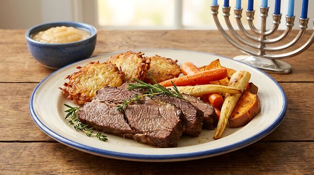 Roasted beef brisket with cooked carrots and herbs served on a plate for a festive hanukkah dinner. party appetizer station