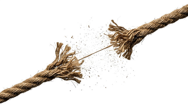 Thick hemp rope snapping under heavy tension with frayed fibers breaking apart isolated on a white background

