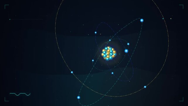 Scientific atom model structure with nucleus and orbiting electrons in dark space background