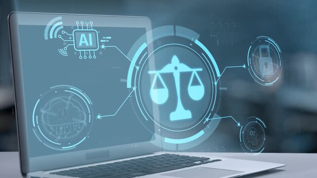 Explore a digital law concept featuring a laptop with scales of justice and AI visualizations, symbolizing innovative practices in the legal technology landscape. Salient
