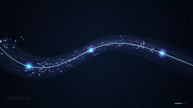 Abstract glowing light wave with particles in digital space and technology background