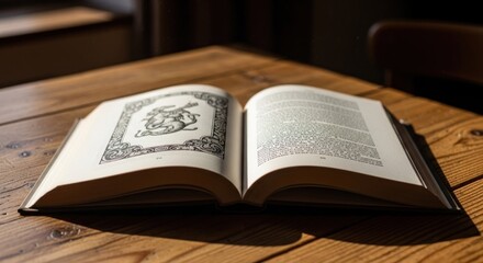 Fototapeta premium An Open Antique Book with Intricate Illustrations on a Wooden Table.