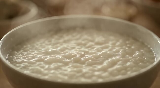 Steaming hot white rice porridge congee boiling in ceramic bowl with rising vapor for traditional healthy breakfast