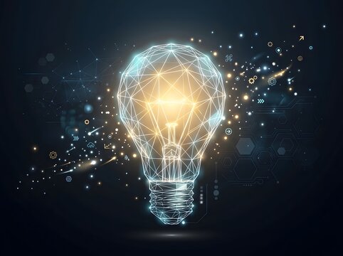 Futuristic Glowing Light Bulb Surrounded by Digital Innovation Elements in Cosmic Tech Design