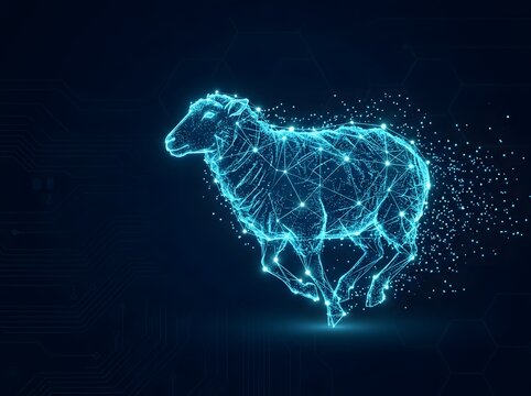 Futuristic glowing sheep silhouette with intricate neon blue data network lines against cosmic dark space background