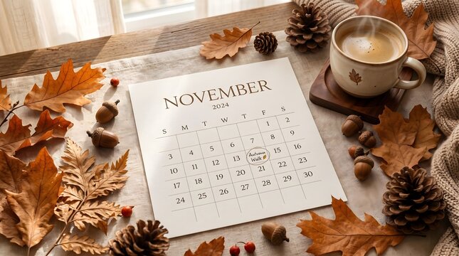 A November calendar rests on a cozy autumn desk with leaves, pinecones, and seasonal decor, representing monthly planning, scheduling, organization, and fall time management.
