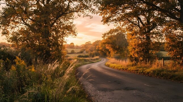 A peaceful country road curves through golden autumn trees and rolling fields at sunset, creating a scenic rural landscape with warm seasonal colors and a tranquil atmosphere.
