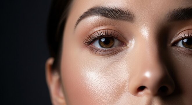Closeup of a Womans Eye with Glowing Skin and Natural Makeup.