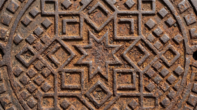 Detailed Rusted Iron Manhole Cover Texture, Geometric Urban Pattern for Grungy Metallic Backgrounds, Weathered Industrial Surfaces, Architectural Details, and Abstract Design Projects