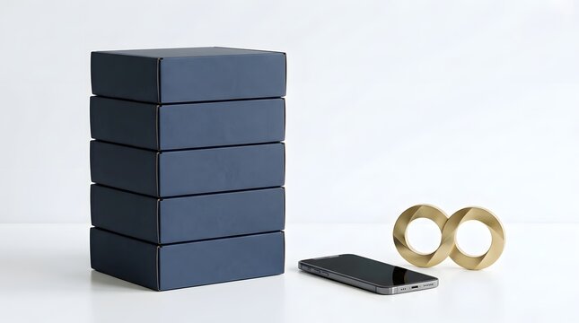 Minimalist composition of stacked dark blue boxes with golden rings and a phone