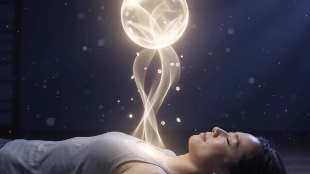 Spiritual glowing light energy emerging from a sleeping woman's chest, astral projection concept