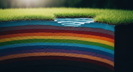 Obraz premium Cross section of rainbow colored earth layers beneath green grass and water.