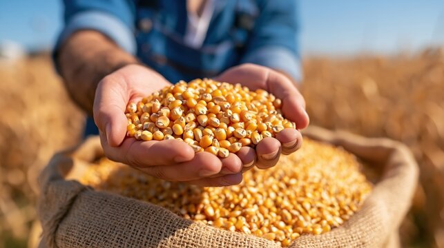 Farmer holds a handful of harvested grain from a burlap sack in a field.