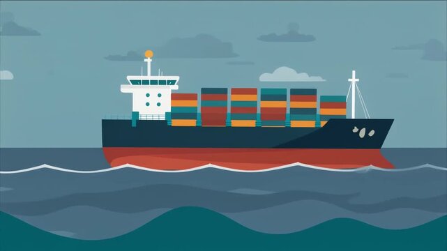 A stylized cargo ship carries colorful shipping containers across calm blue water, illustrating global trade, maritime transportation, logistics, and international freight in a simple flat design.
